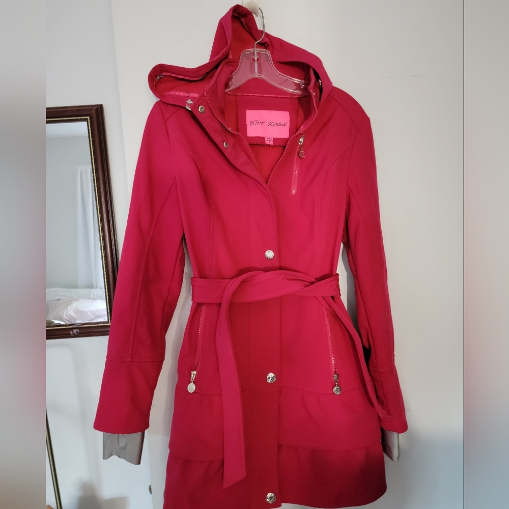 Betsey Johnson | Pink fleece lined dress jacket with hoodie | Size Medium